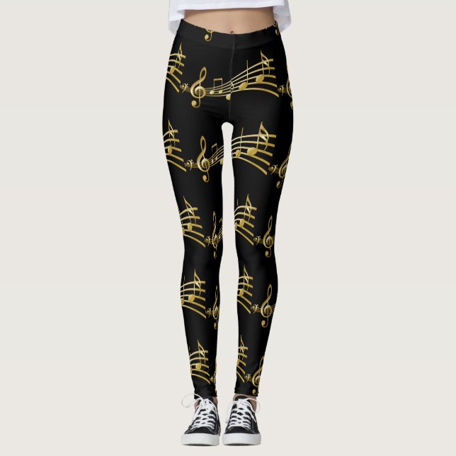 Gold Music Notes sur Black Leggings (Devant)