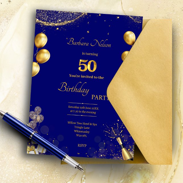 Gold & Navy 50th Birthday Party Invitation (Créateur téléchargé)