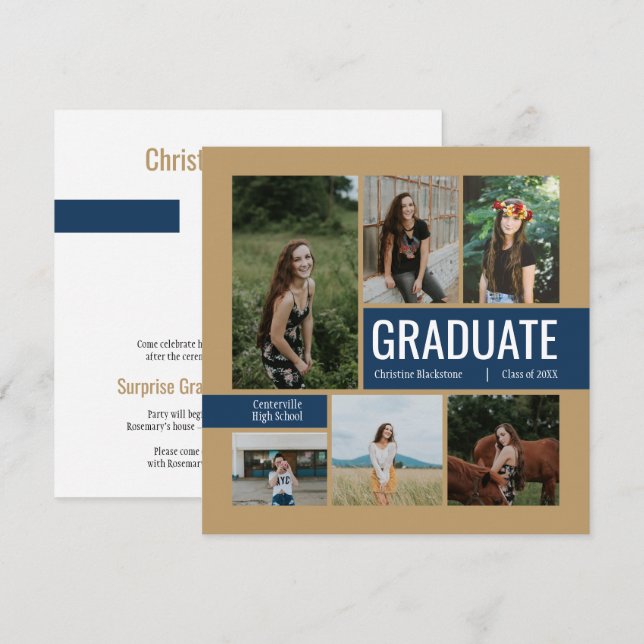 Gold & Navy 6 - Invitation à la graduation photo (Devant / Derrière)