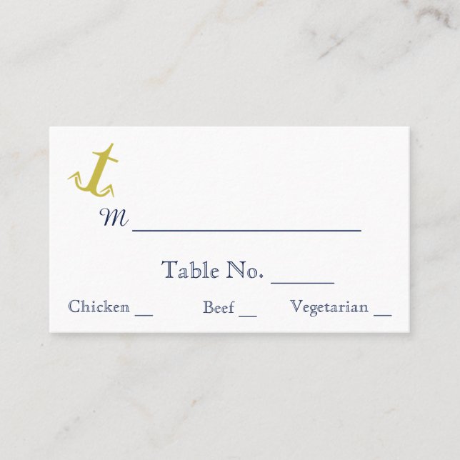 Gold Navy Ancre nautique Plage Mariage Carte Place (Devant)