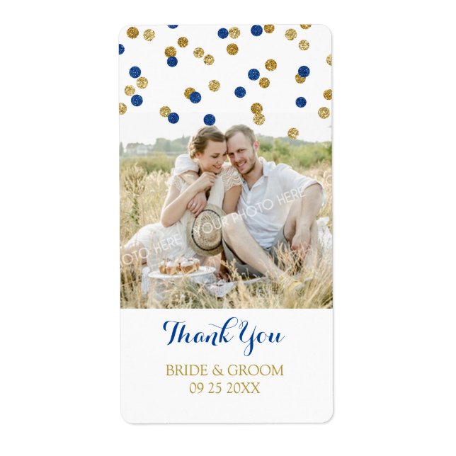 Gold Navy Blue Confetti Photo Wedding Étiquettes (Devant)