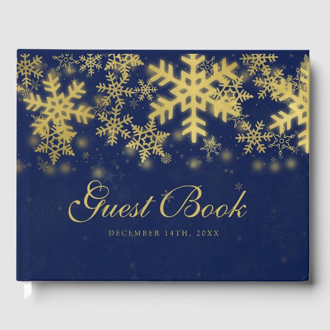 Gold + Navy Blue Snowflakes Noël Livre d'or (Recto)
