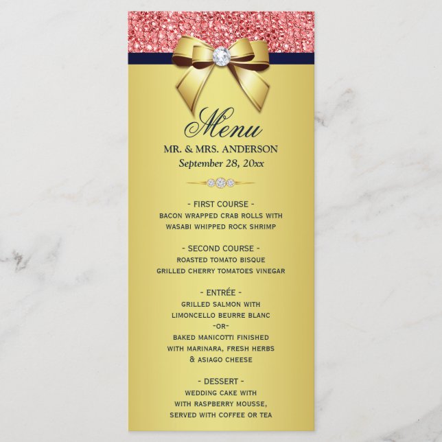 Gold Navy Coral Sequins Diamonds Bow Mariage Menu (Devant)
