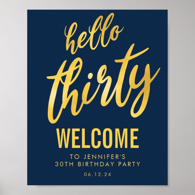 Gold Navy "Hello Thirty" Affiche de bienvenue d'an (Devant)