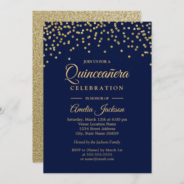 Gold Navy Sparkle Confetti Quinceanera Invitation (Devant / Derrière)