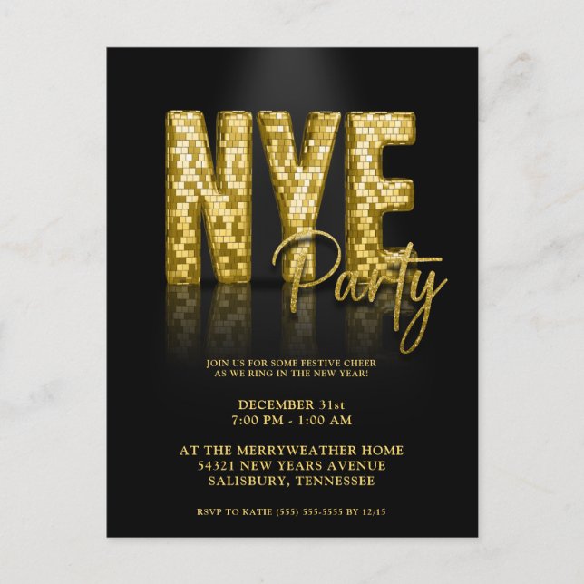 Gold New Years Eve Disco Party Invitation (Devant)