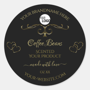 Gold Ornate Cute Hearts Black Product Étiquette Lo