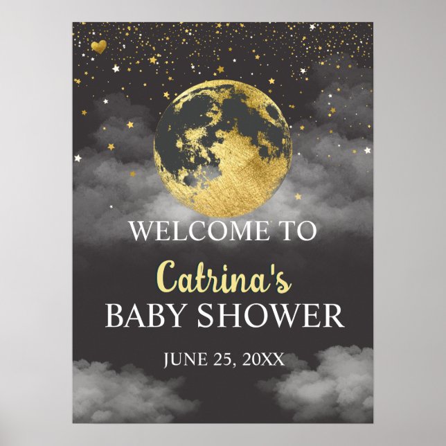 Gold Over the Moon Stars Baby shower Affiche de bi (Devant)