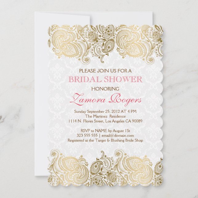 Gold Paisley dentelle blanc Damas Invitation (Devant)