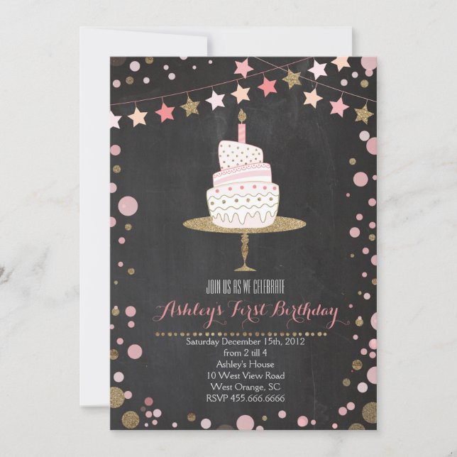 Gold Parties scintillant gâteau Invitation d'anniv (Devant)