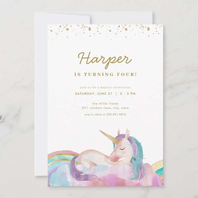 Gold Pastel Magique Unicorn Invitation Anniversair (Devant)