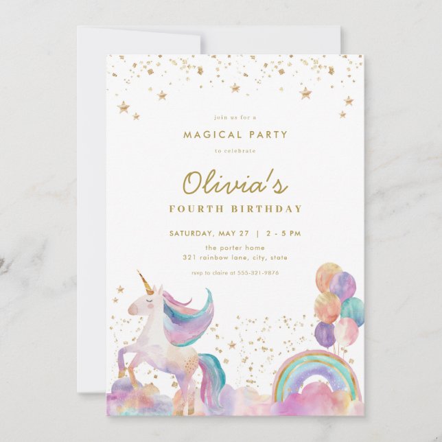 Gold Pastel Rainbow Unicorn Invitation Anniversair (Devant)