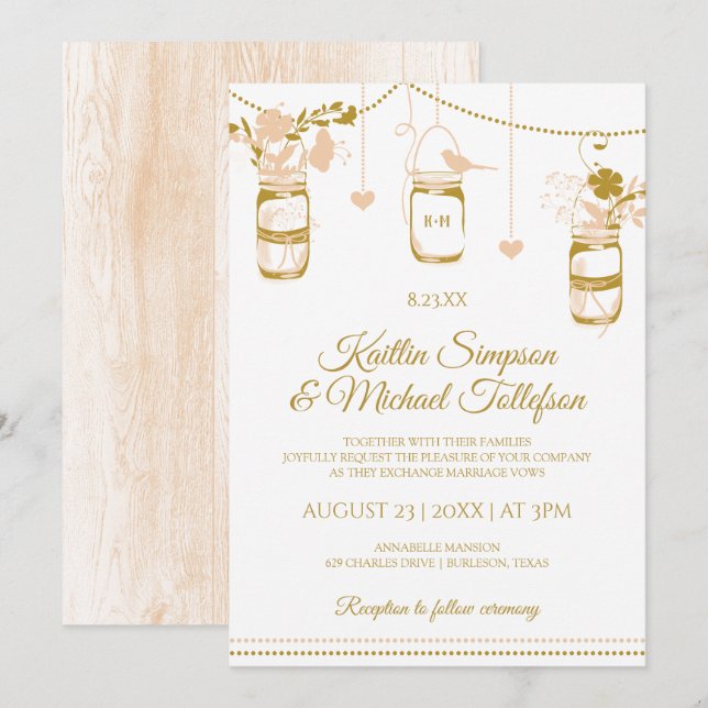 Gold & Peach Mason Jar Invitations de mariage | Bo (Devant / Derrière)