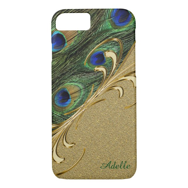 Gold Peacock Feather iPhone 7Plus Monogram Coque (Dos)