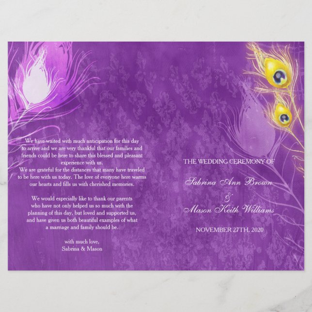 Gold Peacock Feathers Purple Wedding Program (Devant)