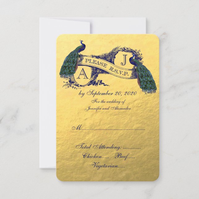 Gold Peacock Wedding Carte RSVP (Devant)
