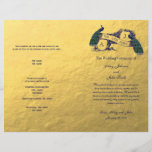 Gold Peacock Wedding Programme<br><div class="desc">Bifold Gold Peacock Wedding Program with Blue Peacocks and monogram initials on print or foil photo effet. par Elke Clarke© pour BlissfulWedding at Zazzle. Pliage requis à la réception. Utilisez l'option "PERSONNALISER IT" pour modifier le texte et modifier l'espacement,  etc.</div>