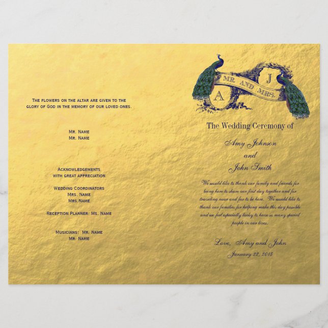 Gold Peacock Wedding Programme (Devant)