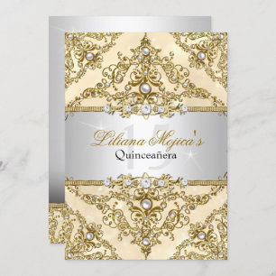 Gold Pearl Damask Quinceanera Invitation