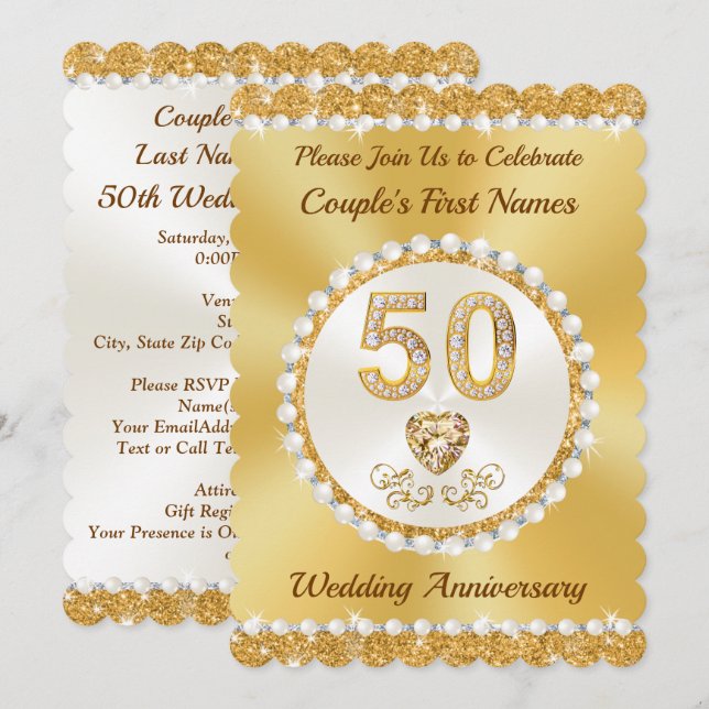 Gold Personnaliser, 50e Anniversaire Invitation Ca (Devant / Derrière)