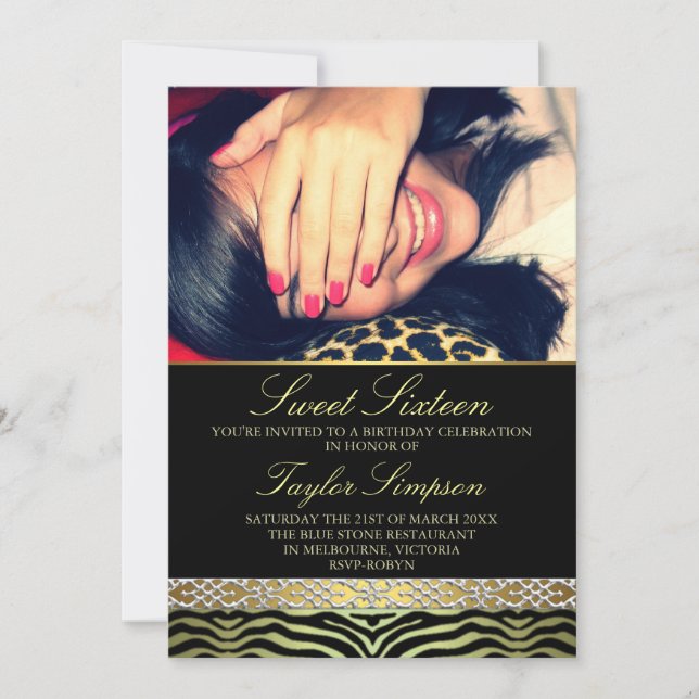 Gold Photo Zebra Print Sweet16 invitation d'annive (Devant)