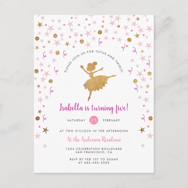 Gold & Pink Confetti Ballerina Invitation Annivers (Devant)