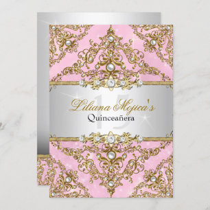 Gold & Pink Pearl Damask Quinceanera Invitation