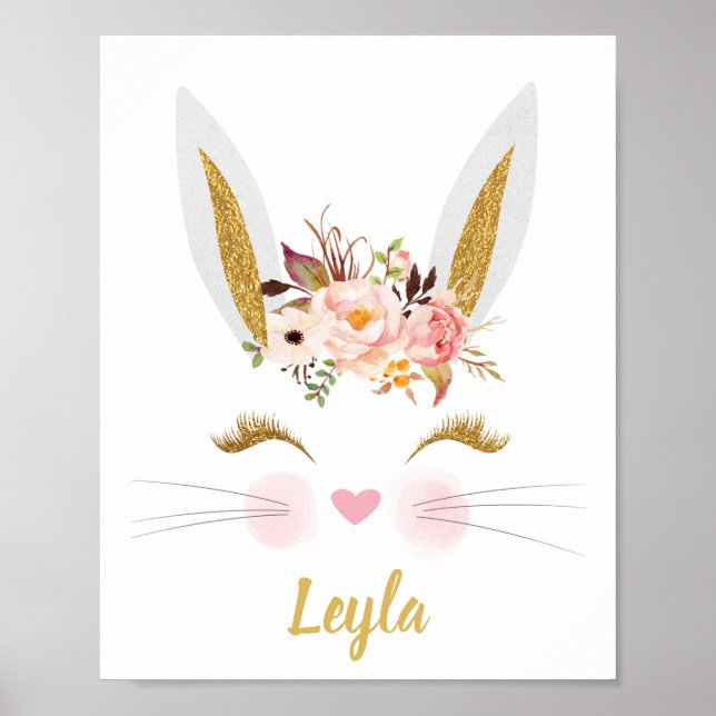 Gold Pink Peony Rabbit face Print Nursery Poster (Devant)