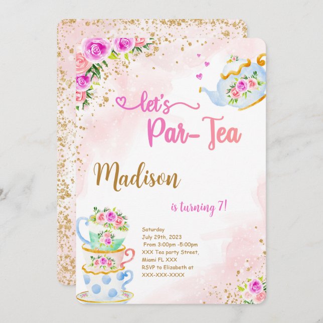 Gold & Pink Tea Party Anniversaire Invitation (Devant / Derrière)