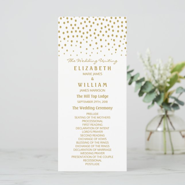 Gold Polka Dot - Blanc & Or - Programme de mariage (Debout devant)
