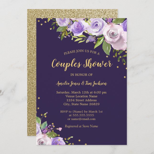 Gold Purple Étincelle Floral Couples Invitation de (Devant / Derrière)