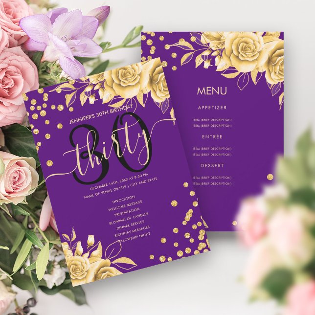 Gold Purple Floral 30th Birthday Menu Programme (Gold Purple Floral 30th Birthday Menu Program)