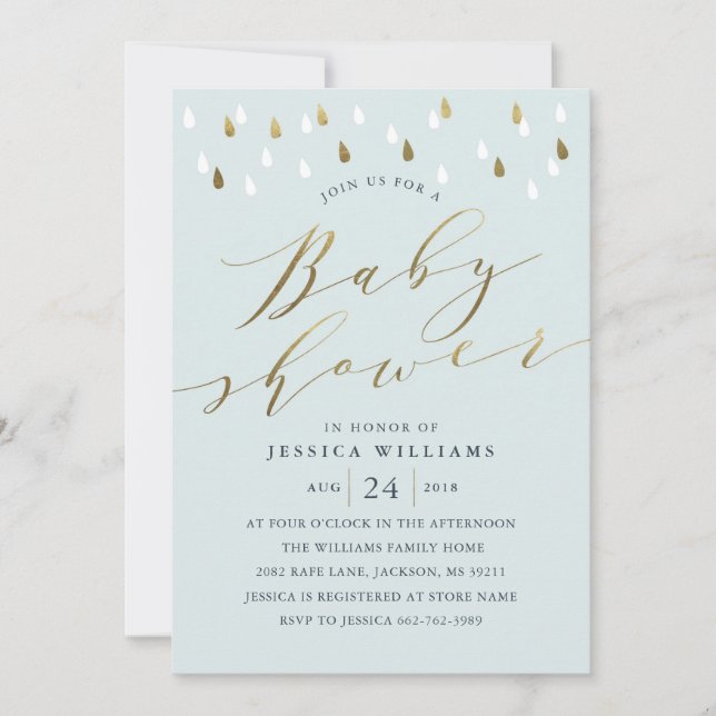 Gold raindrops snd script baby shower invitation b (Devant)