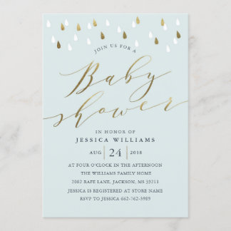 Gold raindrops snd script baby shower invitation b