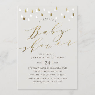 Gold raindrops snd script baby shower invitation g