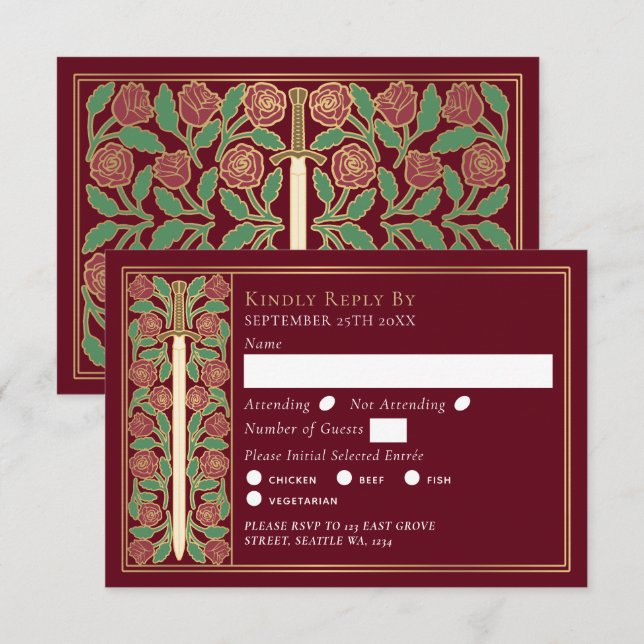 Gold Red Medieval Floral Sword Wedding RSVP (Devant / Derrière)