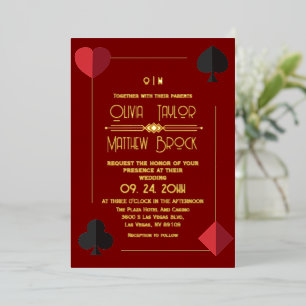 Gold Red Monogram Jouer Carte de mariage Invitatio