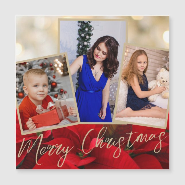 Gold Red Poinsettia Merry Christmas Magnet Card (Devant)