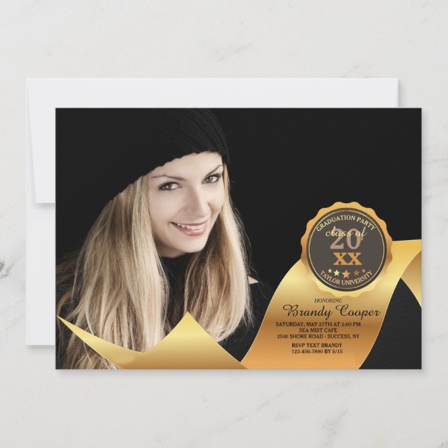 Gold Ribbon Photo Graduation Invitation (Devant)