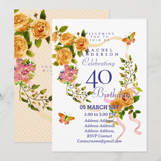 Gold Rose Ribbon 40th  Birthday Invitation (Devant / Derrière)