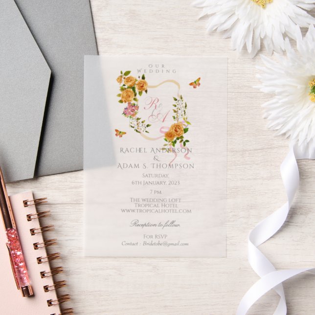 Gold Rose Ribbon Monogram Wedding  Invitation (Mariage)