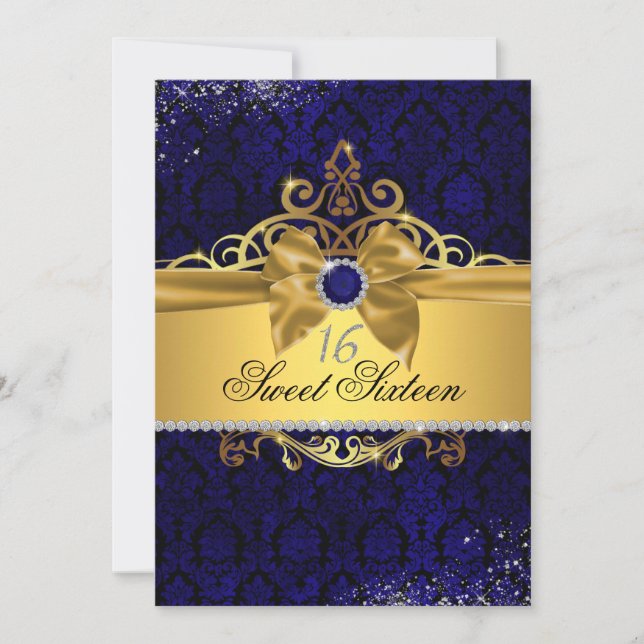 Gold Royal Blue Damask Sweet sixteen Invitation (Devant)