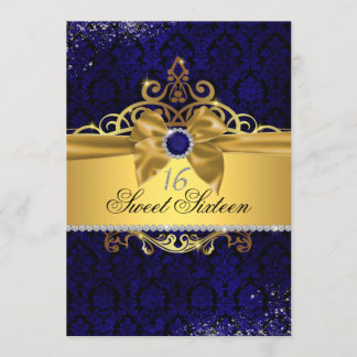Gold Royal Blue Damask Sweet sixteen Invitation