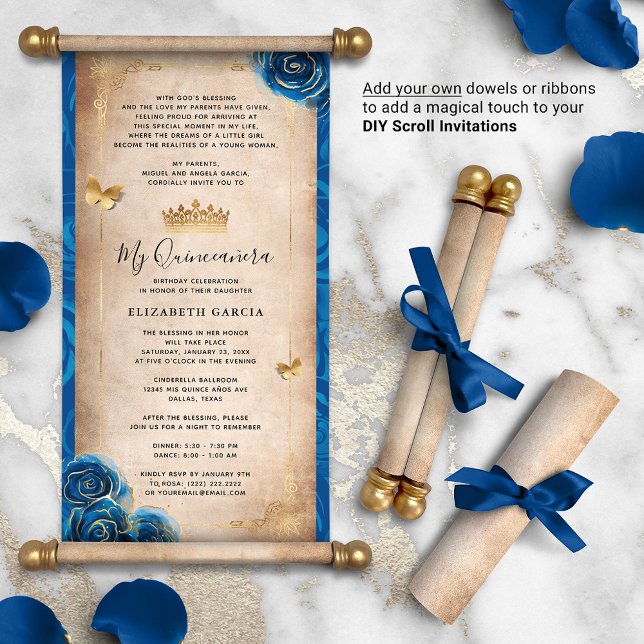 Gold Royal Blue Quinceanera do-it-yourself Scroll  (DIY scrolls do not come with dowels. Add your own or roll up with a ribbon for an elegant touch!)