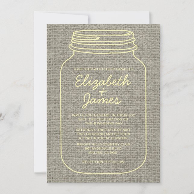 Gold Rustic Burlap Mason Jar Invitations de mariag (Devant)