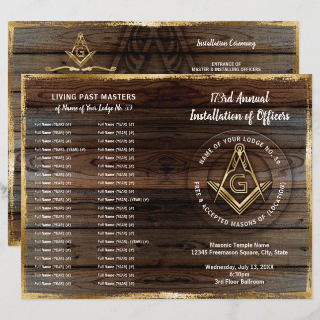 Gold Rustic Wood Bifold Modèle du programme maçonn (Devant / Derrière)