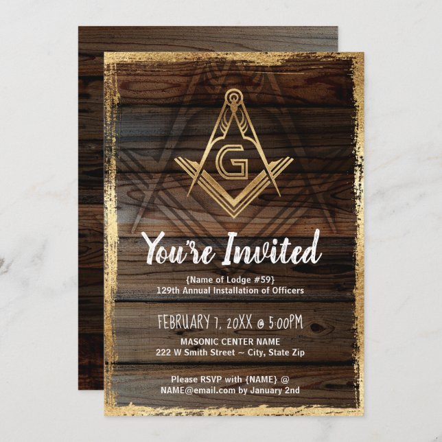 Gold Rustic Wood Invitations maçonniques | Franc-m (Devant / Derrière)