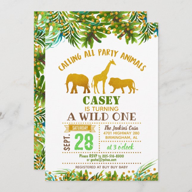Gold Safari Animal Invitation Anniversaire (Devant / Derrière)