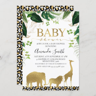 Gold Safari Animals Foliage Baby shower Invitation