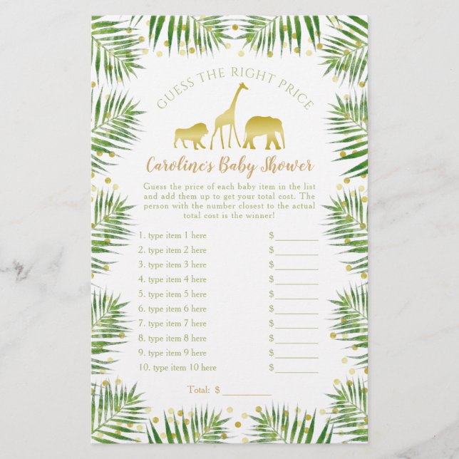 Gold Safari Animaux Baby shower Devis Prix Jeu (Devant)